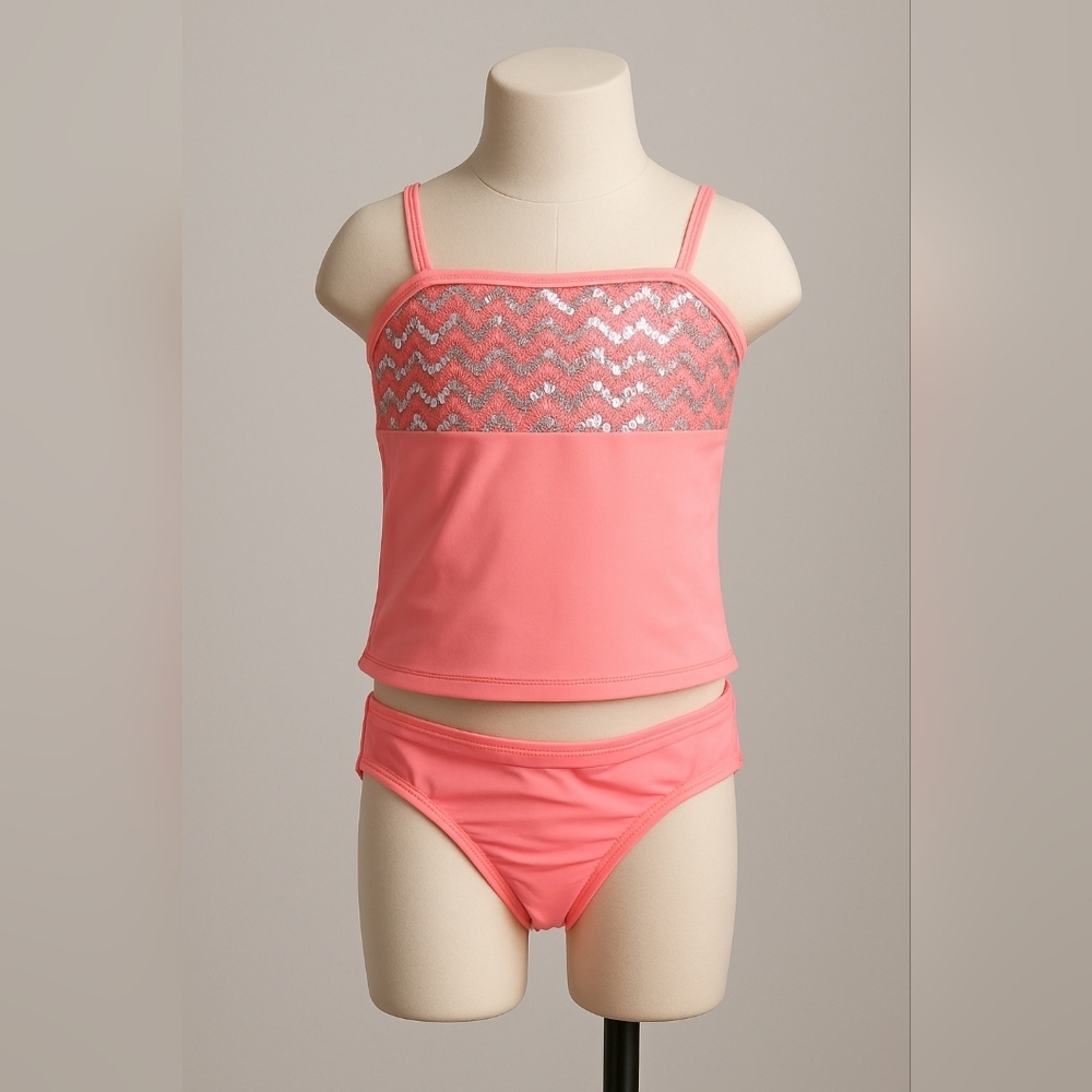 SO Girls Tankini Swimsuit Set Size 10 Pink Orange Chevron